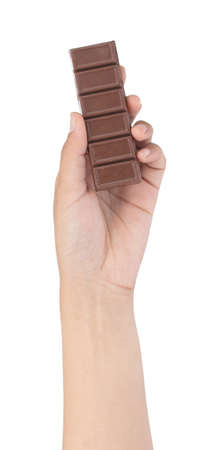 Hand holding Chocolate bar isolated on white background
