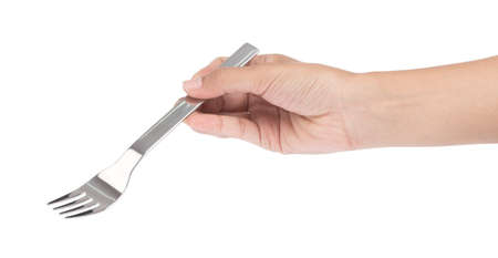 hand holding fork isolated on white background