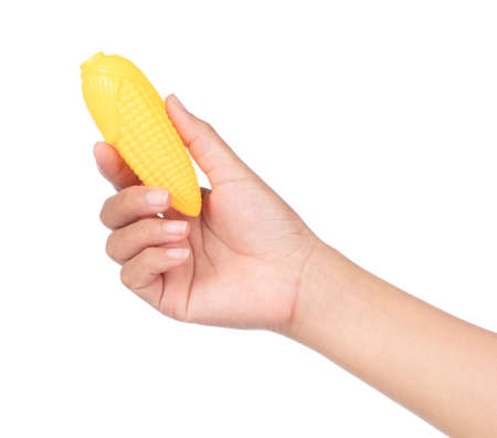 hand holding plastic toy corn isolated on white backgroundの写真素材