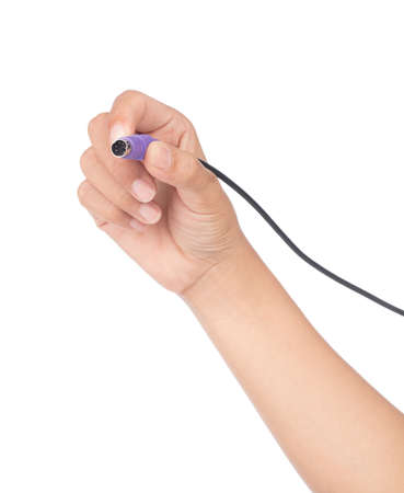 hand holding cable for keyboard isolated on white background