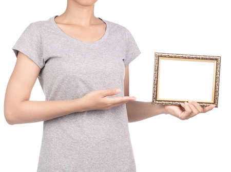 hand holding wood frame border design is patterned isolated on white background