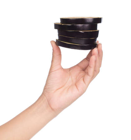 hand holding slice eggplant  isolated on white backgroundの写真素材