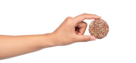 hand holding chocolate cookies sprinkle isolated on white background.の写真素材