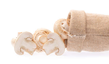 Champignon Mushroom in sack isolated on white backgroundの写真素材