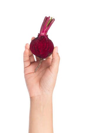 Hand holding Beetroot isolated on white background.の写真素材