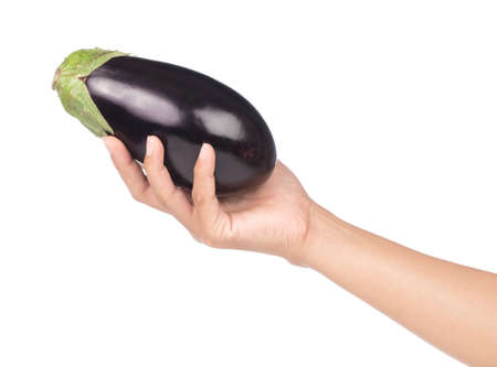 hand holding fresh eggplant isolated on white backgroundの写真素材