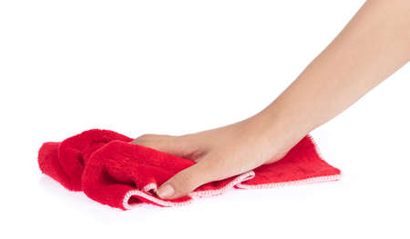 hand with Red wipes microfiber isolated on whitebackground
