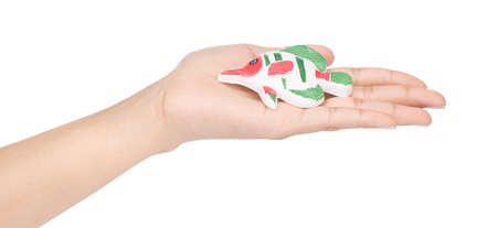 hand holding fish toy isolated on white backgroundの写真素材