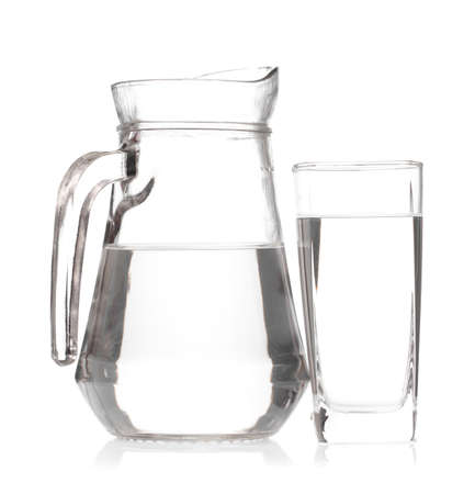 glass with jug of water isolated on white backgroundの写真素材