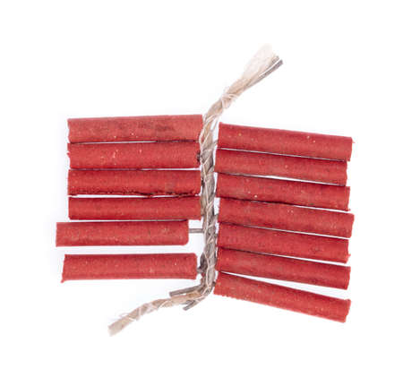 Red firecrackers string isolated on white backgroundの写真素材