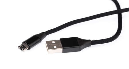 Black USB cable for smartphone isolated on white background.