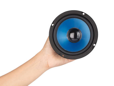 Hand holding Blue of Speaker isolated on white backgroundの写真素材