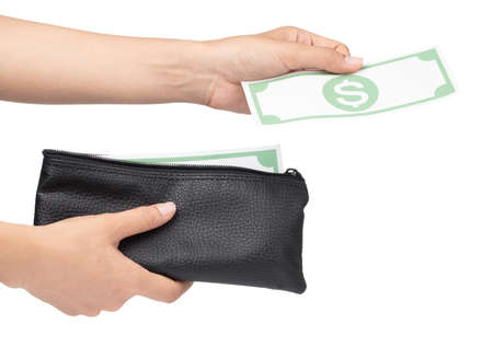 Hands taking out money from wallet isolated on white background