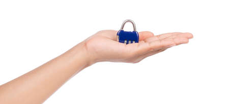 hand holding Key Code lock isolated on white background