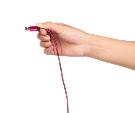 hand holding Usb type-c connector for charger smartphone isolated on white background