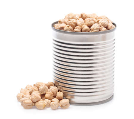 Aluminum,canned of Garbanzo Dried Beans isolated on white backgroundの写真素材