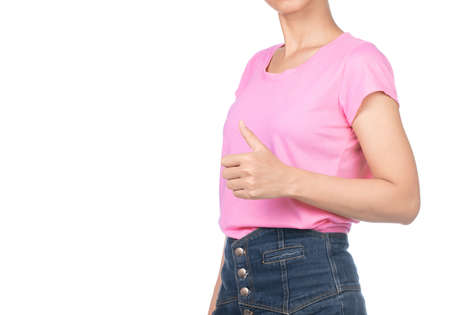 woman wearing blank pink t-shirt showing thumb up isolated on white background