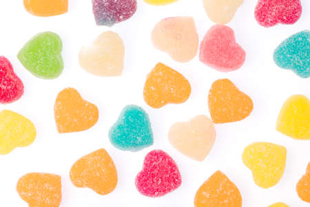 Colorful heart shape jellys isolated on white backgroundの写真素材