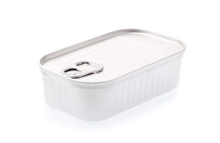 Aluminum,canned food isolated on white backgroundの写真素材