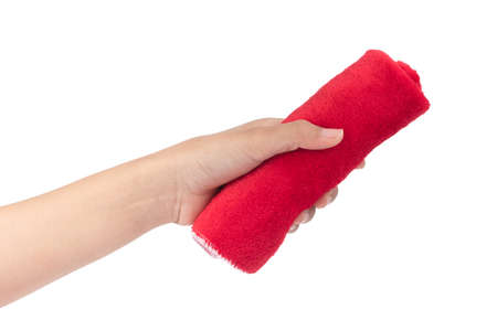 hand holding Red wipes microfiber isolated on whitebackgroundの写真素材