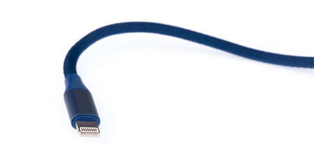 Blue USB-Lightning mobile charging cable isolated on white background.