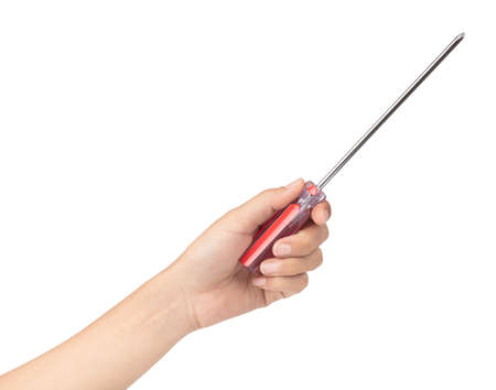 hand holding Measuring the power screwdriver isolated on white backgroundの写真素材