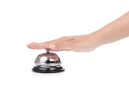 Hand ringing in service bell isolated on white background