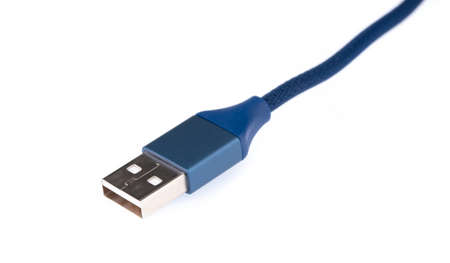Blue USB-Lightning mobile charging cable isolated on white background.の写真素材