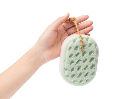 hand holding Soft sponge isolated on white background