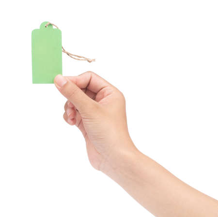 hand holding Wood blank name tag isolated on white backgroundの写真素材