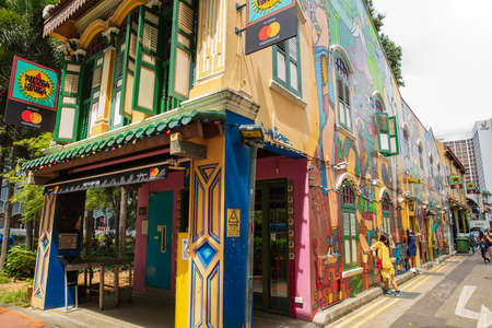 SINGAPORE - FEBRUARY 19, 2017: Wall mural Street with old buildings at Haji Lane.のeditorial素材