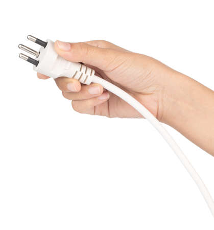 Hand holding Power Cable 3-Pin Electrical Plug on white background