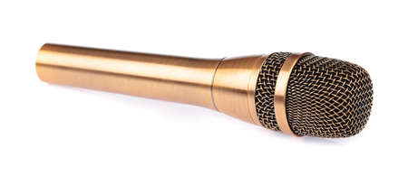 golden microphone isolated on white backgroundの写真素材