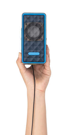 Hand holding Blue Small speakers isolated on a white background