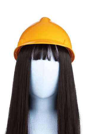 safety helmet on mannequin head isolated on white backgroundの写真素材