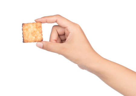 hand holding chocolate cracker isolated on white background