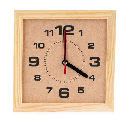 Clock at 4 pm. O'clock in the afternoon with Wood Clock Classical isolated on white backgroundの写真素材