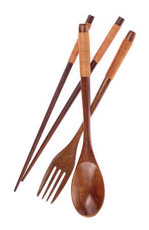 Wood Fork Spoon Chopstick Set isolated on white backgroundの写真素材