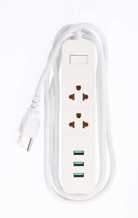White socket electric power bar 2 outlet with 3 USB isolated on white background