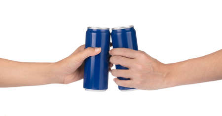 two hand clinking beverage cans isolated on white background
