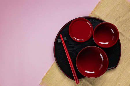 Japanese Tray set for Sushi on pink backgroundの写真素材