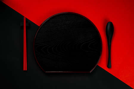 Japanese Tray set for Sushi on red backgroundの写真素材