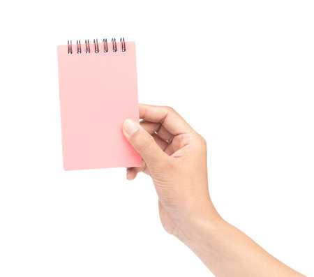 hand holding note book isolated on a white background