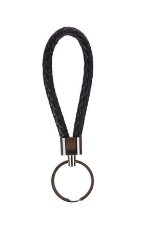 Black Leather Rope Keychain isolated on white background.の写真素材