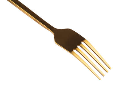 Gold plated golden fork  isolated on white backgroundの写真素材
