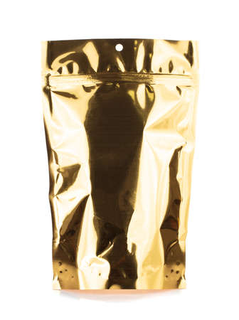 Golden Blank Foil Food Or Drink Bag Packaging With zip-lock isolated on white background.の写真素材