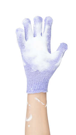 Use these bath gloves with a body wash isolated on white background