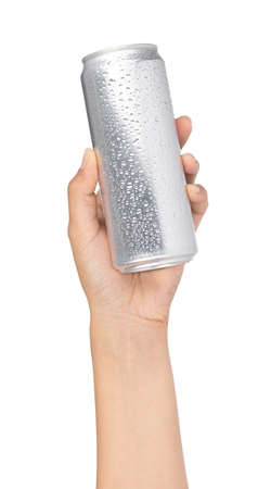 hand holding beverage tin can with water drops isolated on white background