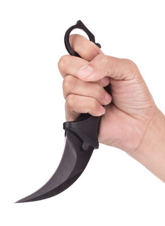 Hand holding Knife fight isolated on white background