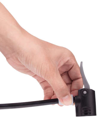 Hand holding Head bellows tire black Line isolated on white a background.の写真素材